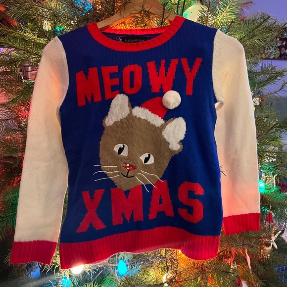 Meowy Xmas Ugly Christmas Holiday Sweater Size M Blizzard Bay - Picture 1 of 6